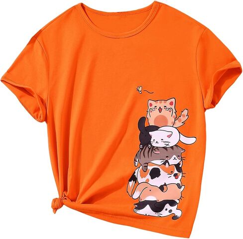Girl's Summer Tee Tops Cartoon Print Short Sleeve Round Neck Casual Cute T Shirt for Girls in Saudi Arabia