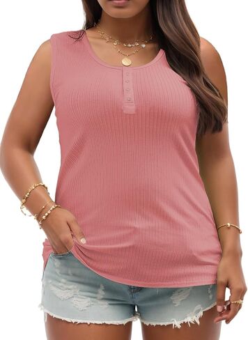 VISLILY Womens-Plus-Size-Summer-Tank-Tops Henley Scoop Neck Camisole Ribbed Sleeveless T Shirts Buttons Up Tunics Tee XL-5XL in Saudi Arabia
