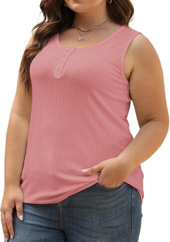 VISLILY Womens-Plus-Size-Summer-Tank-Tops Henley Scoop Neck Camisole Ribbed Sleeveless T Shirts Buttons Up Tunics Tee XL-5XL in Saudi Arabia
