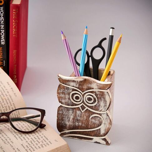 هدايا عيد الأم، تصميم بومة، حامل قلم رصاص من الخشب الريفي، حامل القلم، نظارات النظارات، منظم العلبة، لوازم المكتب، إكسسوارات، أفكار الهدايا، زملاء العمل في المكتب (محروقة) in Kuwait