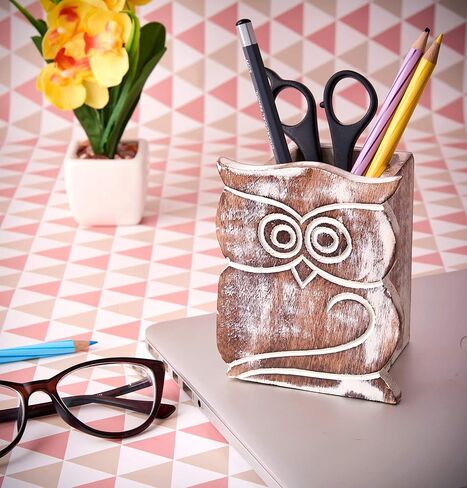 هدايا عيد الأم، تصميم بومة، حامل قلم رصاص من الخشب الريفي، حامل القلم، نظارات النظارات، منظم العلبة، لوازم المكتب، إكسسوارات، أفكار الهدايا، زملاء العمل في المكتب (محروقة) in Kuwait