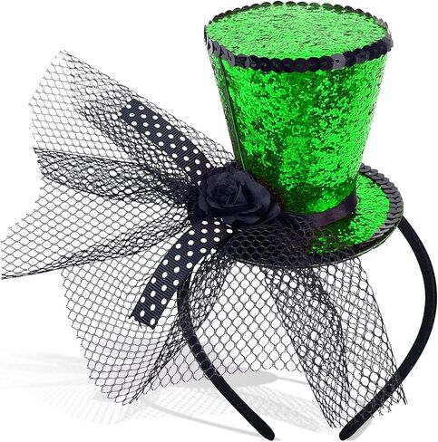 Green Glitter Mini Top Hat on Headband with Veil Leprechaun Hat Headband Saint Patty's Day Accessories for Women Girls Costume St. Patrick's Day in Kuwait