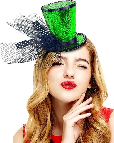 Green Glitter Mini Top Hat on Headband with Veil Leprechaun Hat Headband Saint Patty's Day Accessories for Women Girls Costume St. Patrick's Day in Kuwait