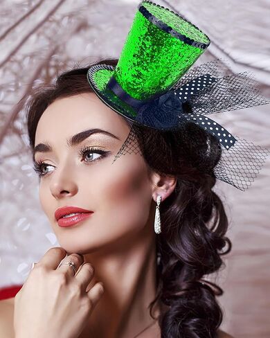Green Glitter Mini Top Hat on Headband with Veil Leprechaun Hat Headband Saint Patty's Day Accessories for Women Girls Costume St. Patrick's Day in Kuwait