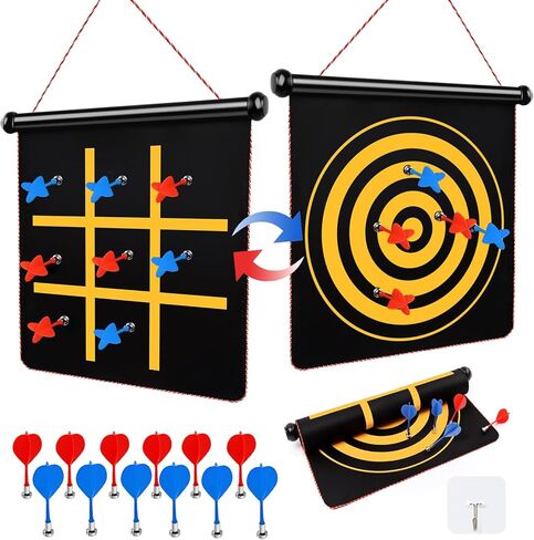 لوح رمي السهام المغناطيسي 2 في 1 ولعبة تيك تاك تو المغناطيسية للاستخدام الداخلي والخارجي، لوح رمي السهام الآمن على الوجهين مع 12 سهمًا للأطفال، هدايا للأولاد والبالغين ديكور غرفة الألعاب in Kuwait