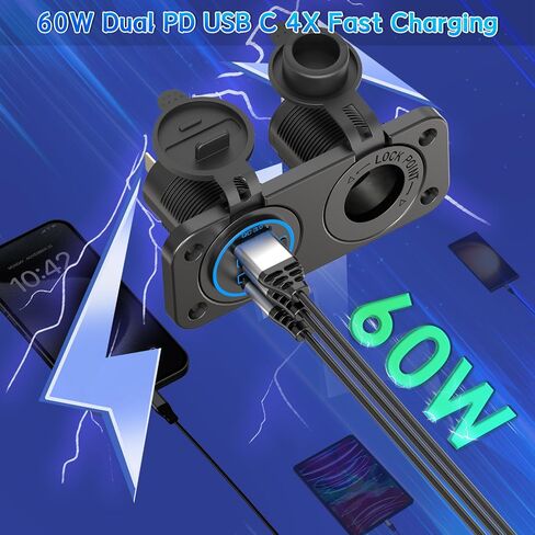 مقبس ولاعة السجائر qidoe 12 فولت لوحة مقسمة 78 وات 12 فولت مخرج USB مزدوج USB C PD&QC3.0 مقبس شاحن سيارة تشغيل/إيقاف مفتاح مقاوم للماء 300 وات محول USB للسجائر للسيارة البحرية RV in Saudi Arabia
