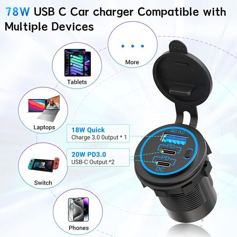 مقبس ولاعة السجائر qidoe 12 فولت لوحة مقسمة 78 وات 12 فولت مخرج USB مزدوج USB C PD&QC3.0 مقبس شاحن سيارة تشغيل/إيقاف مفتاح مقاوم للماء 300 وات محول USB للسجائر للسيارة البحرية RV in Saudi Arabia