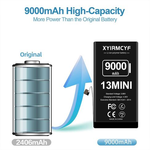 9000mAh Super Capacity Battery Compatible with iPhone 13 Mini, 0 Cycle Li-Polymer Replacement Battery for iPhone 13 Mini, with Professional Repair Tool Kit in Saudi Arabia