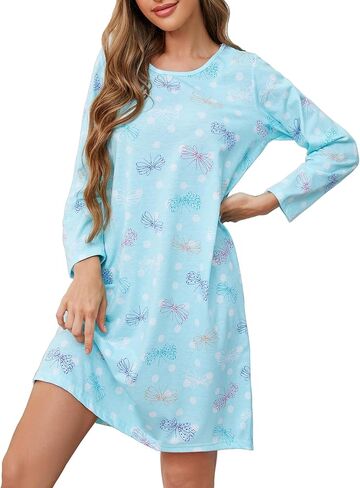 CHUNG Women's Cotton Nightgowns Long Sleeve Above Knee Vivid Print Nighties Sleepshirts Dress Sleepwear Autumn Winter in Kuwait