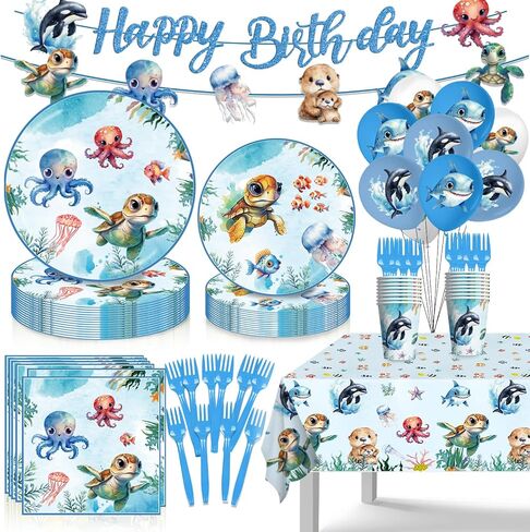 Under the Sea Birthday Party Decorations, Ocean Theme Birthday Party Decorations Include Banner Plates Napkins Tablecloth Forks Cups Balloons for Underwater Sea Life Birthday Baby Shower in Saudi Arabia