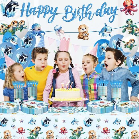 Under the Sea Birthday Party Decorations, Ocean Theme Birthday Party Decorations Include Banner Plates Napkins Tablecloth Forks Cups Balloons for Underwater Sea Life Birthday Baby Shower in Saudi Arabia