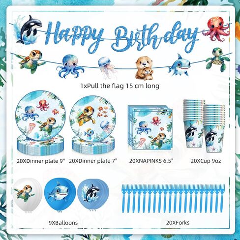 Under the Sea Birthday Party Decorations, Ocean Theme Birthday Party Decorations Include Banner Plates Napkins Tablecloth Forks Cups Balloons for Underwater Sea Life Birthday Baby Shower in Saudi Arabia