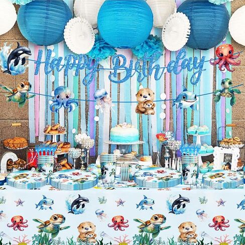 Under the Sea Birthday Party Decorations, Ocean Theme Birthday Party Decorations Include Banner Plates Napkins Tablecloth Forks Cups Balloons for Underwater Sea Life Birthday Baby Shower in Saudi Arabia