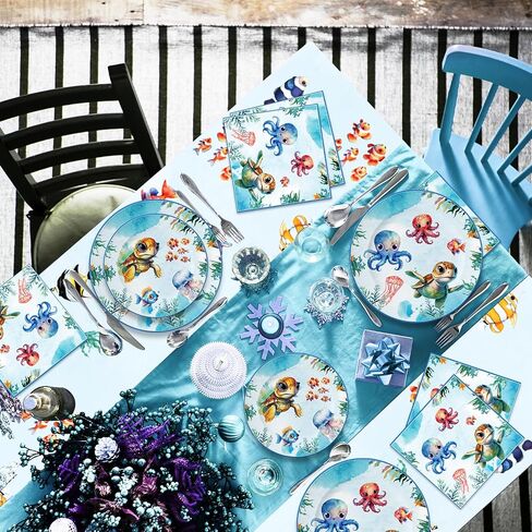 Under the Sea Birthday Party Decorations, Ocean Theme Birthday Party Decorations Include Banner Plates Napkins Tablecloth Forks Cups Balloons for Underwater Sea Life Birthday Baby Shower in Saudi Arabia