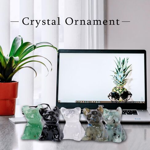 Runyangshi Natural Crystal Kiwi Jasper Carvings 1.18" Crystal Puppy Dog Figurine Hand-Carved Healing Crystal Statues Puppy Bulldog Decorations Reiki Home Decor in Saudi Arabia