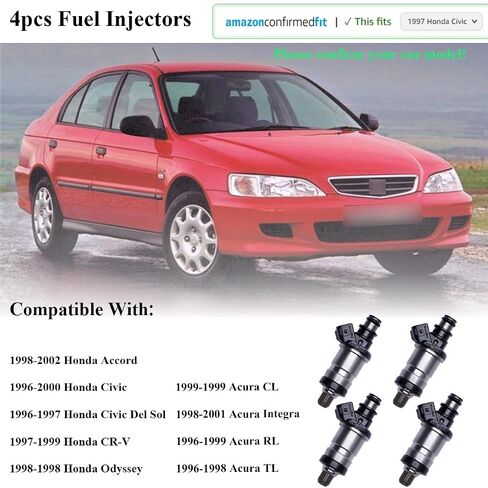 Engine Fuel Injector Kits Fit for 1996-2002 Honda Accord Civic Acura RL TL 1.6L 2.0L 2.2L, Set of 4 Fuel Injectors Replace OE # 06164P2J000, 1550333, FJ443, 1580588 in Saudi Arabia