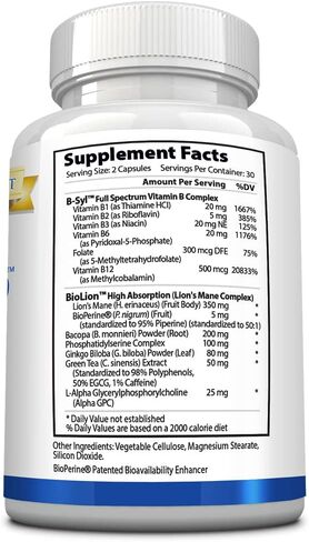 MemoryMD - 60 Capsules - Vitamin B Blend, Lion’s Mane Mushroom, Bacopa Monierri - Enhance Memory, Focus, and Learning - All Natural Supplement, Made in USA, Vegan, Non-GMO in Kuwait