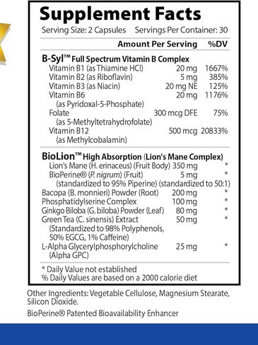 MemoryMD - 60 Capsules - Vitamin B Blend, Lion’s Mane Mushroom, Bacopa Monierri - Enhance Memory, Focus, and Learning - All Natural Supplement, Made in USA, Vegan, Non-GMO in Kuwait
