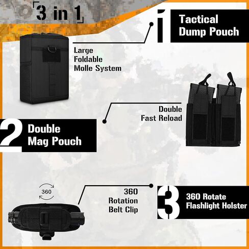 حقيبة تفريغ مولي 3 في 1 للحزام مع حقيبة ماج تكتيكية، وحقيبة خصر للمجلات، كبيرة باللون الأسود in Kuwait