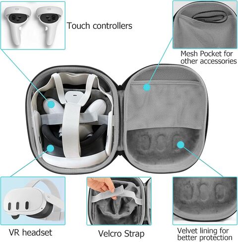 حقيبة حمل WEILE متوافقة مع سماعة الرأس Meta Quest 3 VR وأجهزة التحكم في الألعاب وملحقاتها، وغطاء تخزين واقٍ مضاد للخدش ومضاد للخدش (أسود) in Kuwait