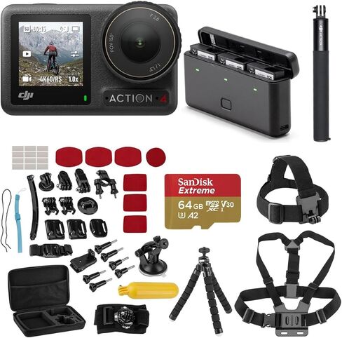 مجموعة كاميرا DJI Osmo Action 4 Adventure Combo، حزمة مع مجموعة ملحقات Froggi Extreme Sport وبطاقة ذاكرة microSDXC سعة 64 جيجابايت in Kuwait