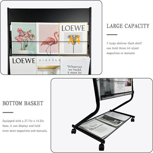 رف مجلات قائم على الأرض من tongmo مكون من 4 طبقات مع عجلات وحامل عرض كتيبات ومعدن عالي الصلابة للمعارض والمكاتب وأي منظمة تتطلب عرض المعلومات (أسود) in Kuwait