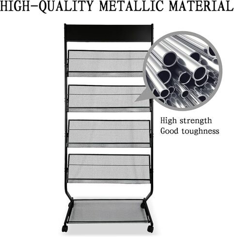رف مجلات قائم على الأرض من tongmo مكون من 4 طبقات مع عجلات وحامل عرض كتيبات ومعدن عالي الصلابة للمعارض والمكاتب وأي منظمة تتطلب عرض المعلومات (أسود) in Kuwait