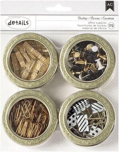 American Crafts Office Supplies Kit, Tin Set with Binder Clips Clothespins Paper Clips Push Pins, Gold Office Supplies 4 Magnetic Metallic Gold Tins in Saudi Arabia
