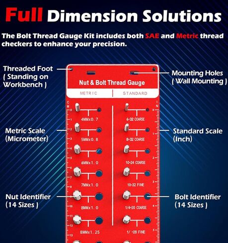 فاحص الخيط، مقياس خيط الصواميل والمسمار، حجم المسمار ومقياس الخيط مع 14 مقياسًا قياسيًا و14 متريًا، مقياس معرف المسمار والصمولة للتعليق in Kuwait