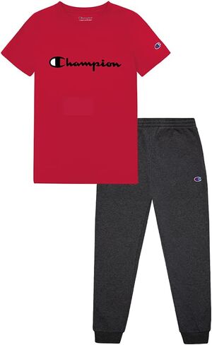 Champion Boys 2 Piece Short Sleeve Shirt And Fleece Jogger Set Infant Clothes (12 Months, Scarlet/Granite Heather) in Saudi Arabia
