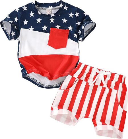 HAPPYMA 4th of July Toddler Baby Boy Clothes Independence Day Summer American Flag T-shirt 2Pcs Set in Saudi Arabia