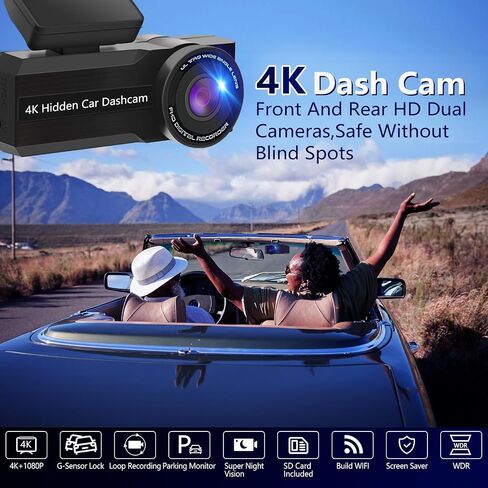 Dash Cam Front and Rear, 4K 1080p Dash Camera, Built-in Wi-Fi, Dual Channel Car Camera with Night Vision, G-Sensor, Loop Recording, WDR, 1.29" IPS Screen, 24H Parking Mode in Saudi Arabia