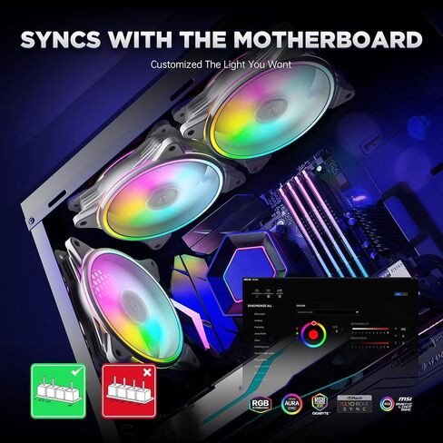 Asiahorse 120mm RGB Fans with Fan Hub and Remote, 24 Independently LEDs Four Lighting Loops PC Case Fans, Motherboard SYNC and PWM Control, Eclipse GF Fan 5Pack (Black) in Kuwait