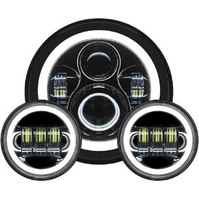 Hogworkz® 7 Inch LED Halomaker™ Headlight & Auxiliary Halo Passing Lamps - Daymaker Replacement Compatible with Harley Davidson Road King Electra Glide Ultra Softail - Black