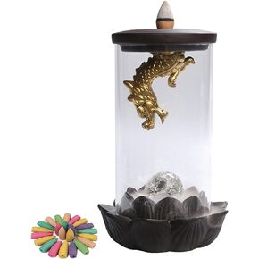 Ceramic Xianglong Waterfall Incense Burner with 20 Incense Cones,Incense Backflow with Led Lights and Windproof Acrylic Hood,Incense Waterfall Holder for Zen Decor, Home Decor, Room Decor
