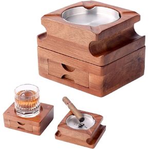 Cigar Ashtray Gift Set Wooden Ashtray with Whiskey Glass Tray Wooden Ash Tray Stainless Steel Inner Liner with Drawer for Cigar Cutter & Jet Torch Lighter, Cigar Ashtray Coaster Cigar Accessories