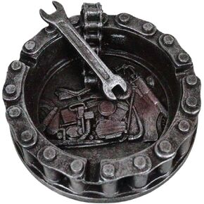 Ebros Gift Mechanic Biker Motorcycle Round Belt Chain With Wrench Tool Cigarette Ashtray Resin Figurine Smoke Shop Room Man Cave Indoor Outdoor Bar Decorative Accent