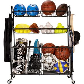 Sports Equipment Organizer for Garage, Sports Storage for Garage, Garage Toy Storage, Rolling Basketball Rack, Storage for Nerf Gun, Storage Organization for Outdoor/Indoor, Steel, Black