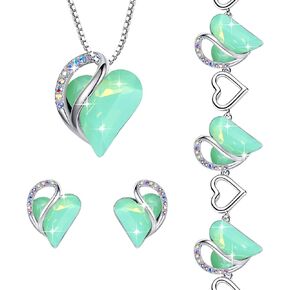 Leafael Infinity Love Heart Necklace, Stud Earrings, and Bracelet for Women, Healing Stone for Luck Crystal Jewelry, Silver Tone Gifts for Women, Opal Green