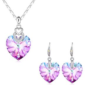 PLATO H Jewelry Set 3 Heart Necklace Earrings Crystals for Women Girl Pendant with Gift Box Dainty Jewelry Gift for Mother's Day