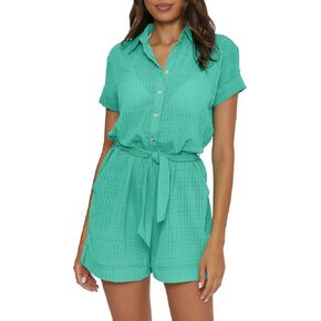 BECCA womens Cabana Short Romper, Collared Button-up, Beach Cover Ups for WomenSwimwear Cover Up