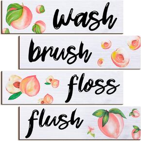 Yookeer Wooden Peach Bathroom Wall Decor 4 Pieces Decor for Bathroom Rustic Bathroom Signs Wall Decor Wash Brush Flush Floss Wall Art Farmhouse Bathroom Wall Sign Wood Hanging Signs for Laundry Room