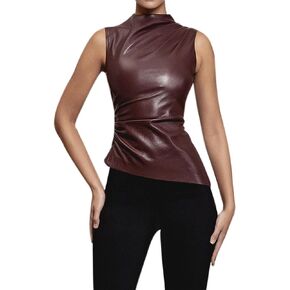 ANKOMINA Women's Sexy PU Leather Sleeveless Tank Tops Asymmetrical Ruched Blouse Y2K T Shirt Party Clubwear
