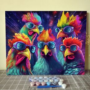 Colorful Hippy Roosters Paint by Numbers Kits On Canvas for Adults Easy DIY Oil Painting for Students Adults Beginner with Brushes Acrylic Painting for Home Wall Art Decor Gifts16x20inch No Frame