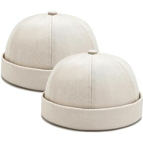 2 Pcs Mens Brimless Docker Cap Set - Retro Worker Sailor Skull Cap Beanie with Rolled Cuff