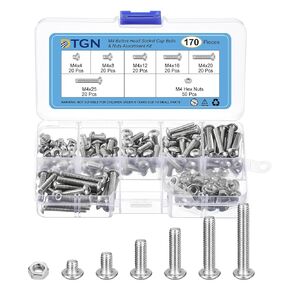 170Pack M4(D) Button Head Socket Cap Screws Nuts Kit - 4/8/12/16/20/25mm(L) Hex Socket Cap Bolt Nut Assortment - 304 Stainless Steel Full Thread - Good for Machine