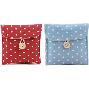 2 Pcs 1 Red and 1 Blue Sanitary Napkins Bag Menstrual Cup Pouch Nursing Pad Holder Cute Polka Dot Cotton 4.7x4.7 inch Washable Organizer Storage
