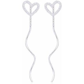 Heart Spiral Threader Earrings 925 Sterling Silver Dainty Hollow Love Hearts Chain Tassel Chic Twisted Linear Dangle Drop Earrings for Women Teen Girls Minimalist Birthday Wedding Holiday Trendy Jewelry Gifts