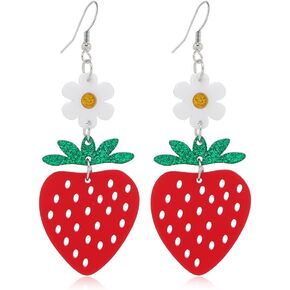 Acrylic Strawberry Dangle Earrings for Women Girls Cute Flower Fruit Lightweight Charms Drop Dangling Fish Hook Stud Hollow-out Birthday Holiday Wedding Christmas Jewelry Gifts for Daughter Niece