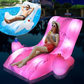Inflatable Pool Float Recliner Chair with Color Changing Light, Water Floats for Adult Pool Float Lounger Solar Powered, Pool Floating Chair with Cup Holder, Pool Rafts Beach Pool Float Chair